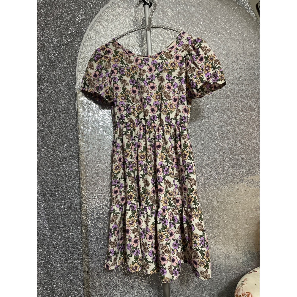 Moonpink Floral Dress Kids Size 8 Purple Yellow Good Tie Tiered Ruffle Boho